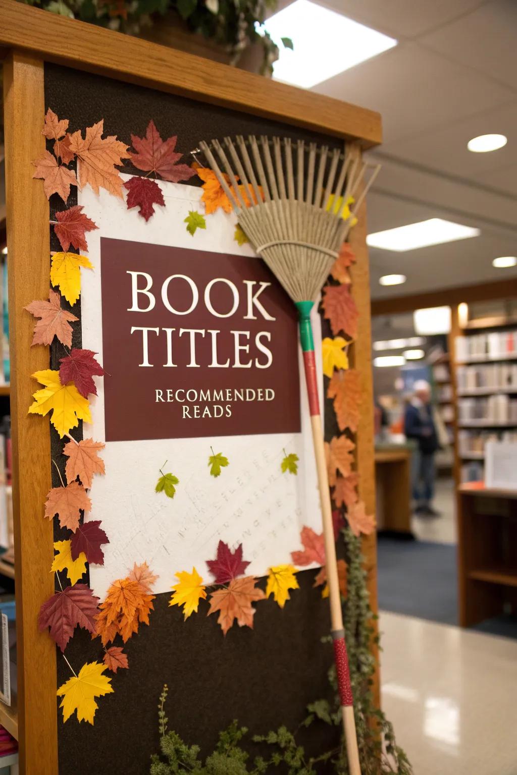 A lively display showcasing a rake and scattered leaves along with book selections.