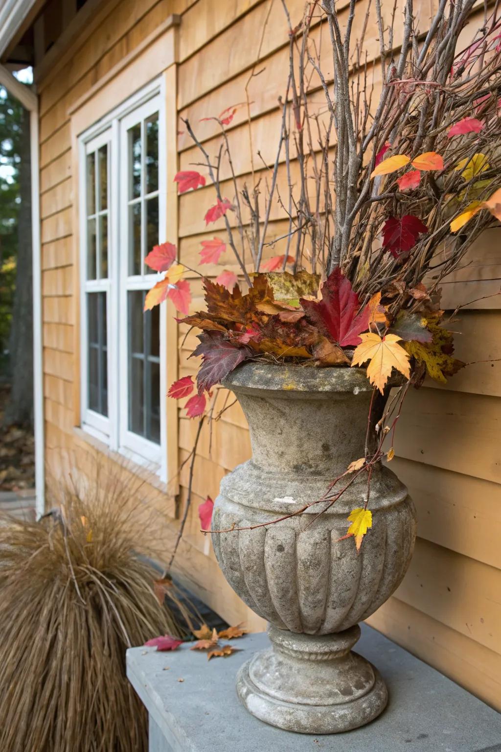 Country-style allure with branches and autumn foliage in a fall urn.