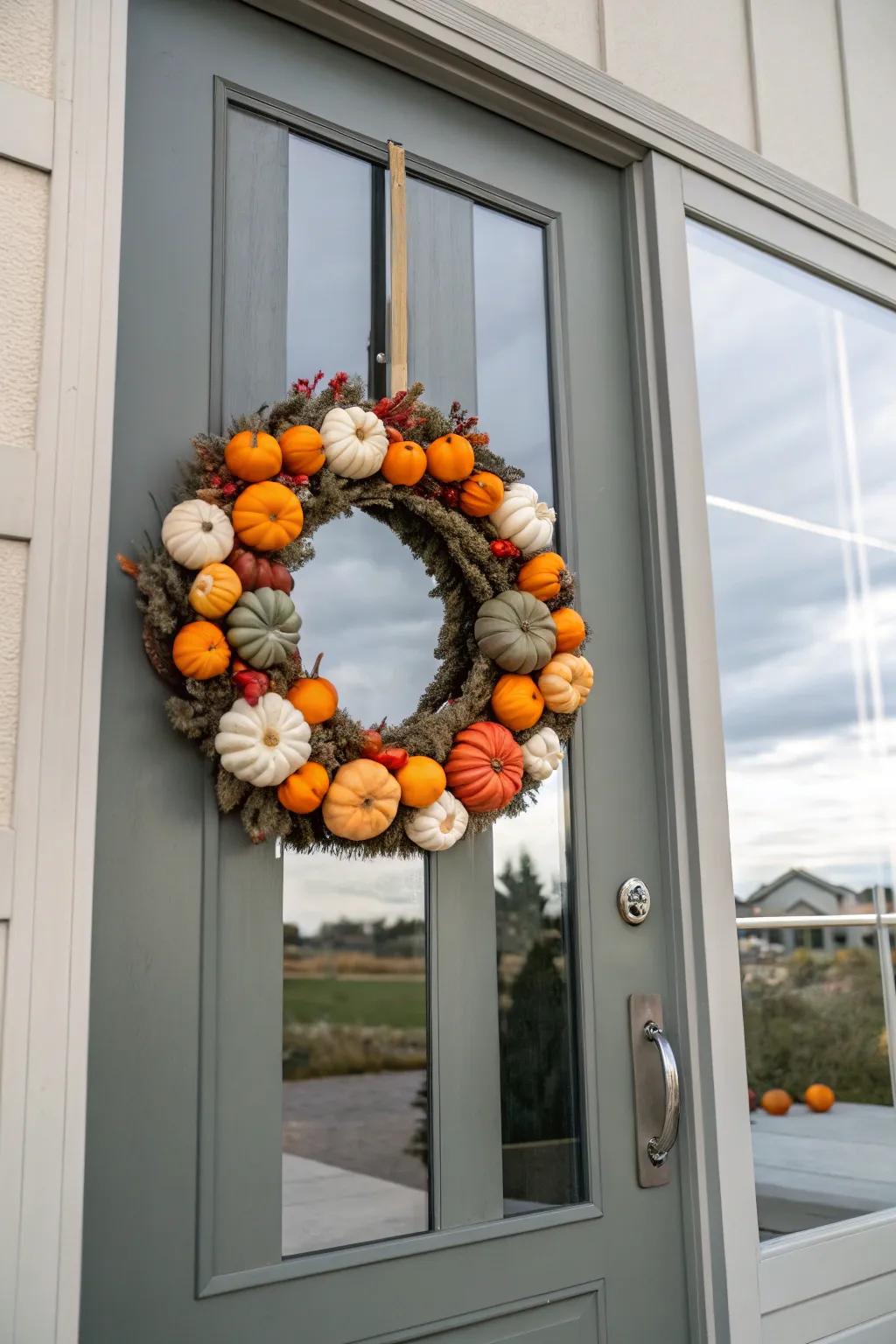 Diminutive squashes contribute to a buoyant and festive wreath.