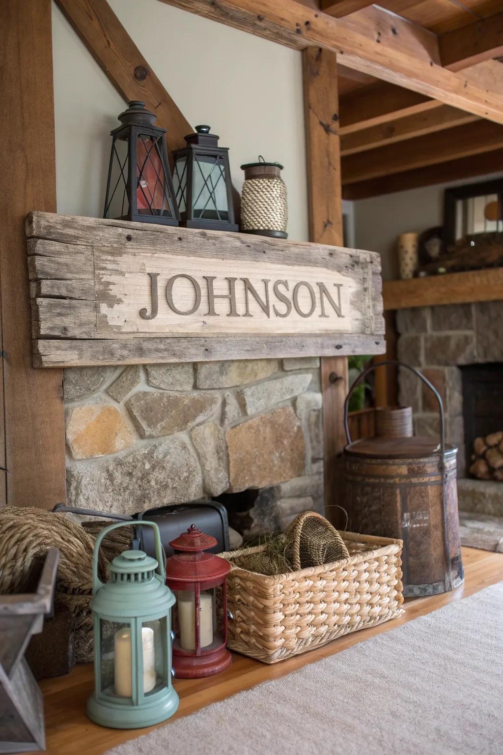 A country-inspired surname display enhancing a vintage-themed space.