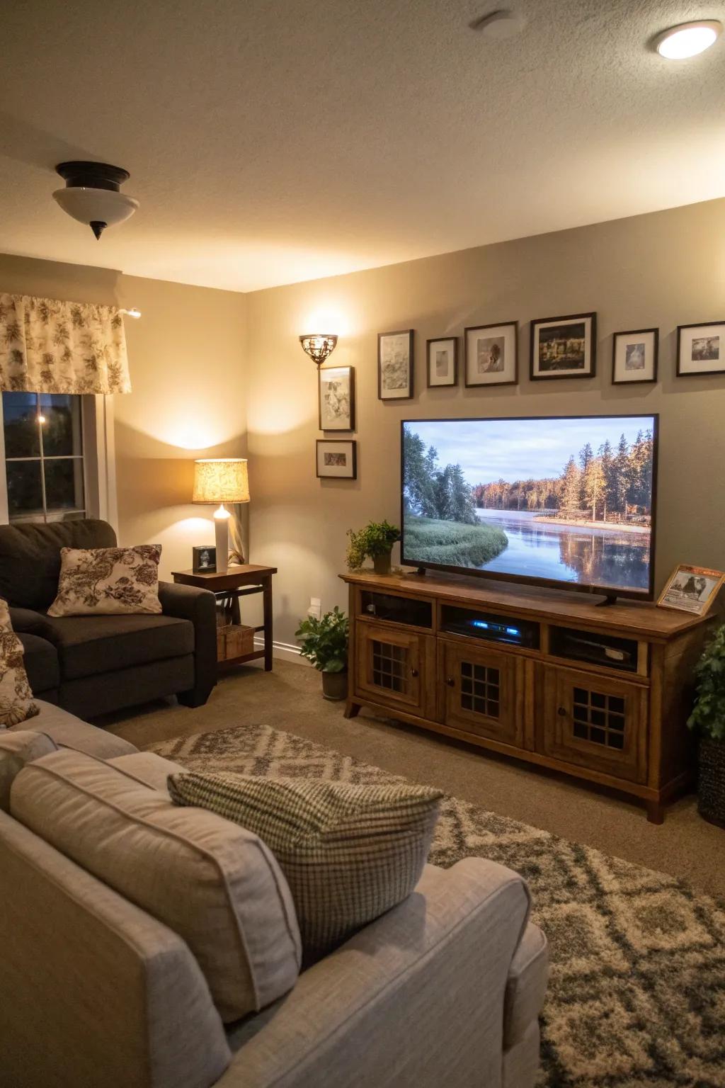 A TV displaying a tranquil screensaver adds serenity to the family room.