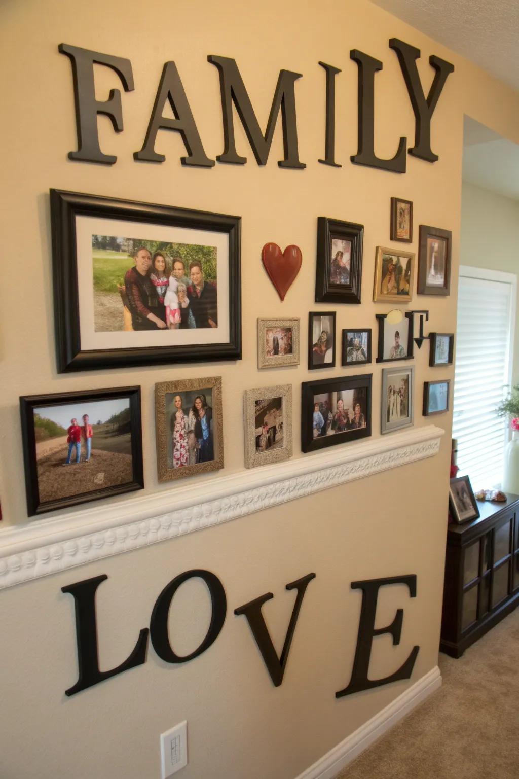 Expressive wall decor presenting uplifting words and family photographs.