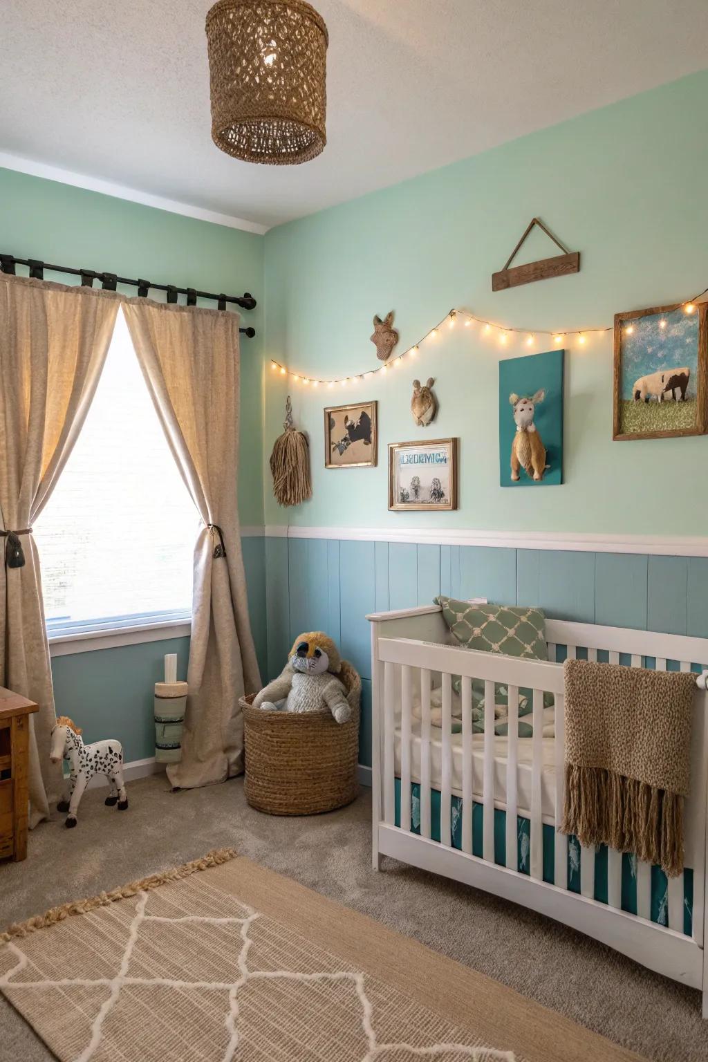 Delicate pastels establish a peaceful foundation for a barnyard creature baby's room.