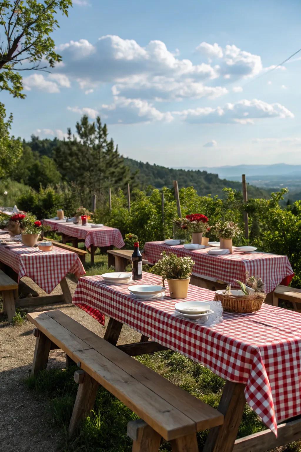 Gingham cloths on picnic counters cultivate an endearing countryside atmosphere.