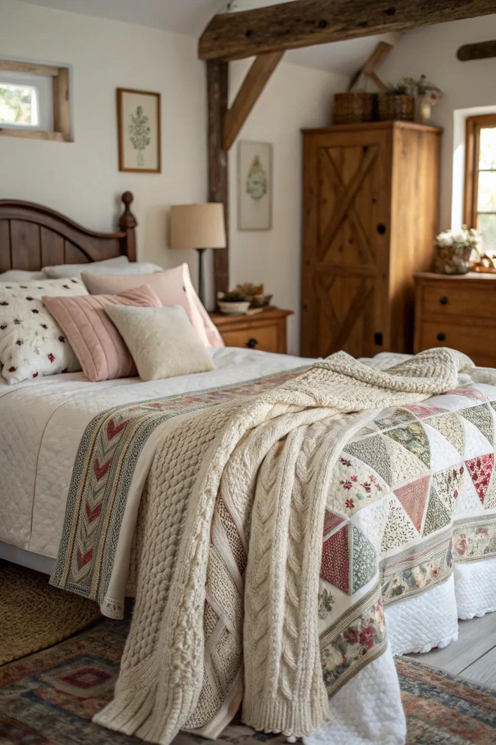 Superimposed textures fashion an inviting and snug farmhouse bedroom.