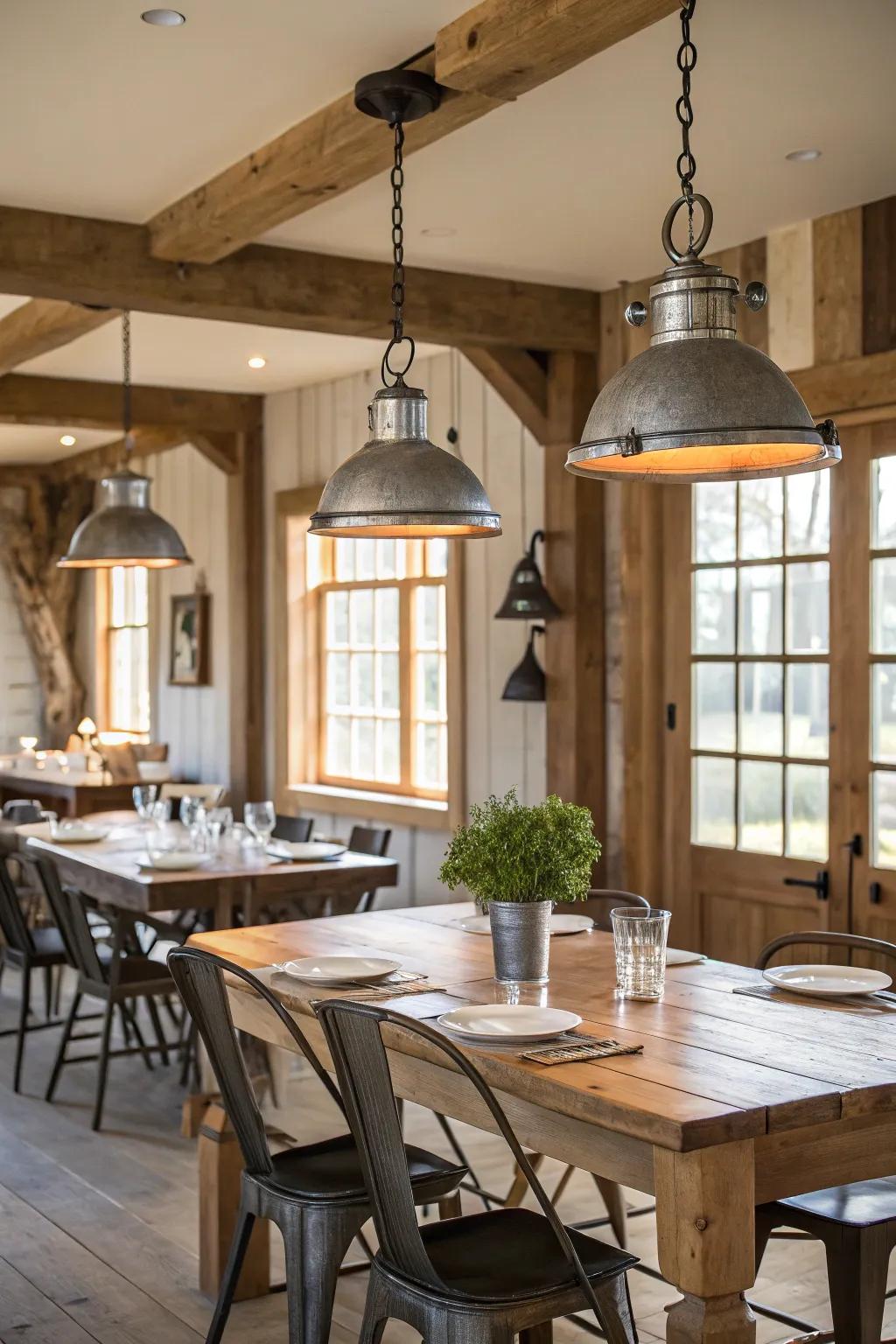 Production line metal decor contrasts beautifully with timber.