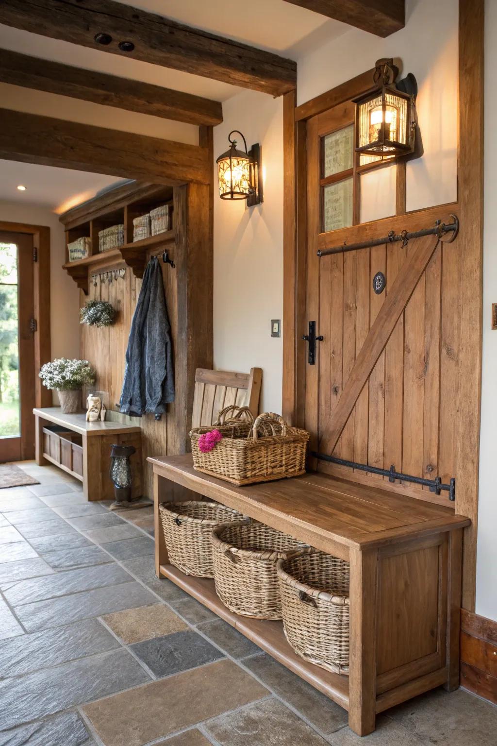 Woven baskets under a bench offer storage while upholding a rustic aesthetic.