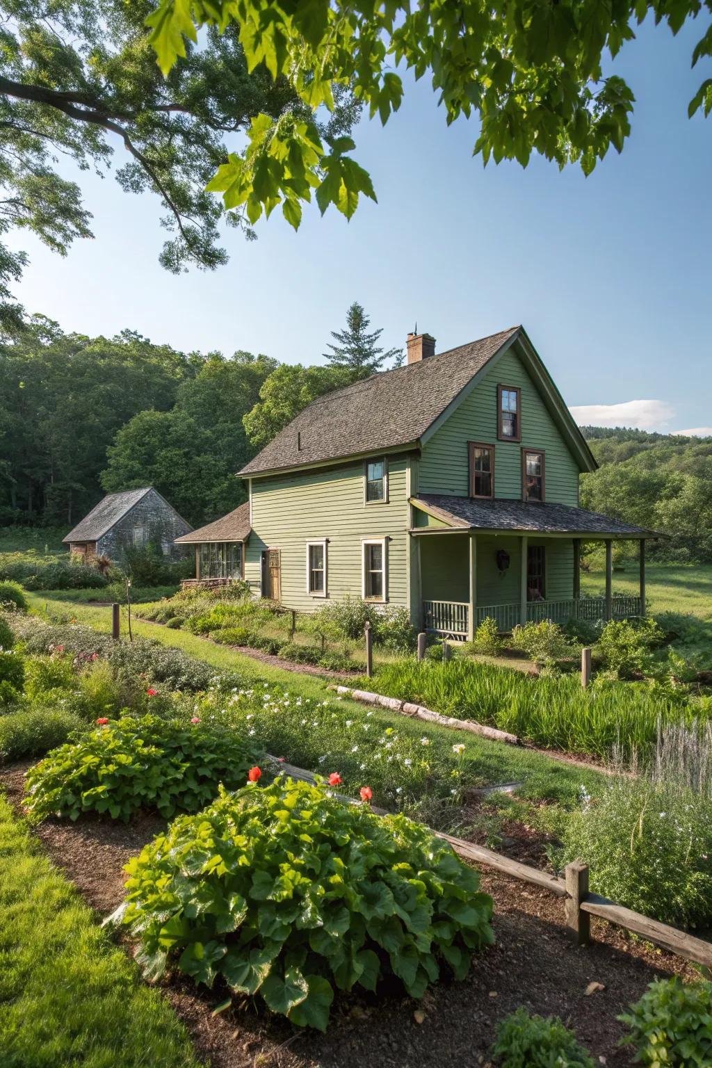 An earthy green farmhouse harmonizing with its surrounding verdant landscape.