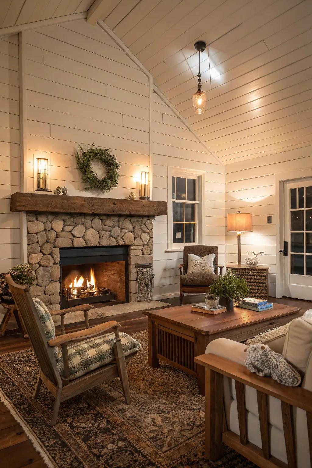Weathered plank walls outlining a rustic farmhouse fireplace.