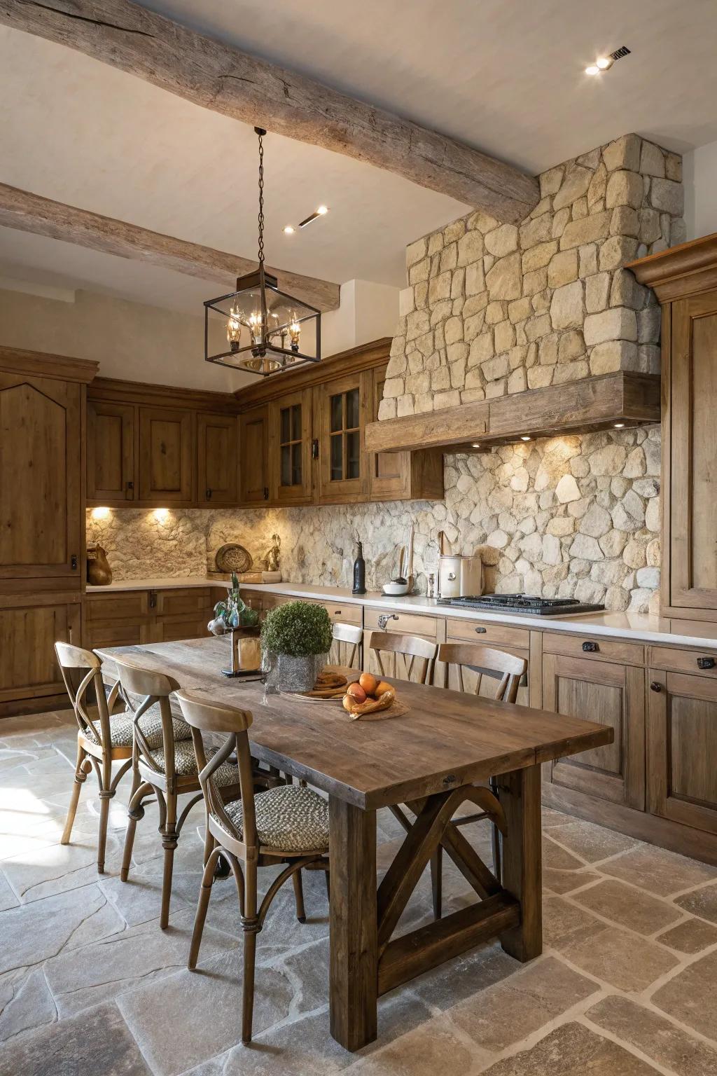 A country-style kitchen featuring an understated stone mosaic backsplash.
