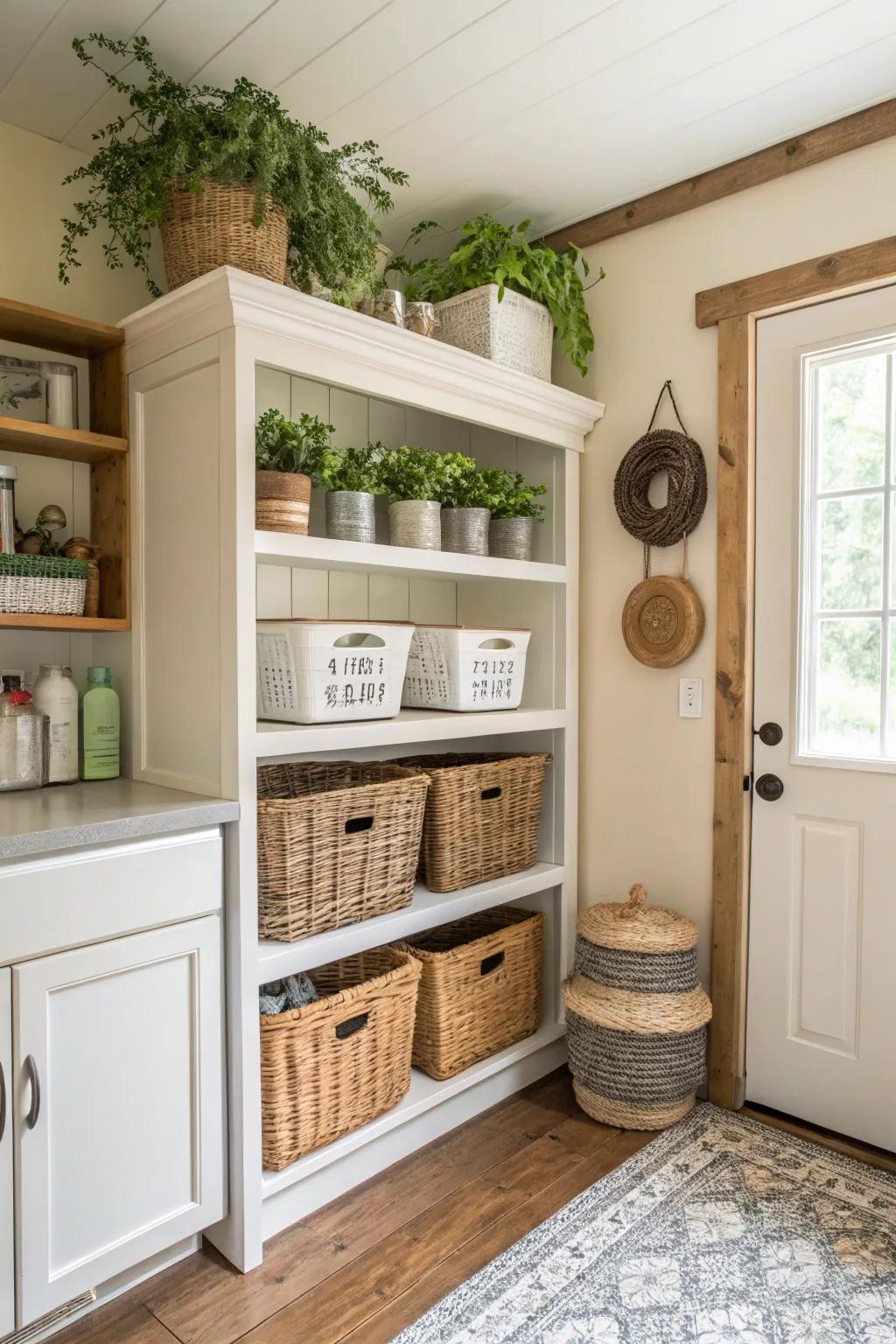 Visible storage solutions enhance both style and functionality in this farmhouse laundry area.