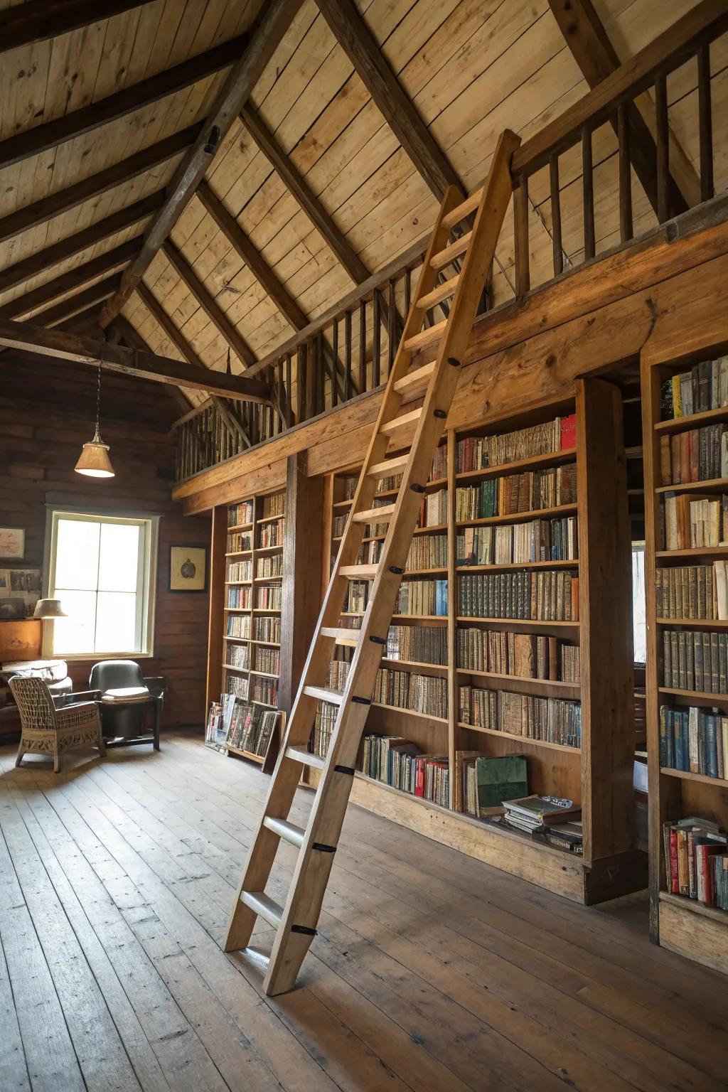 A mobile ladder facilitates access to high shelves and enhances the library's persona.