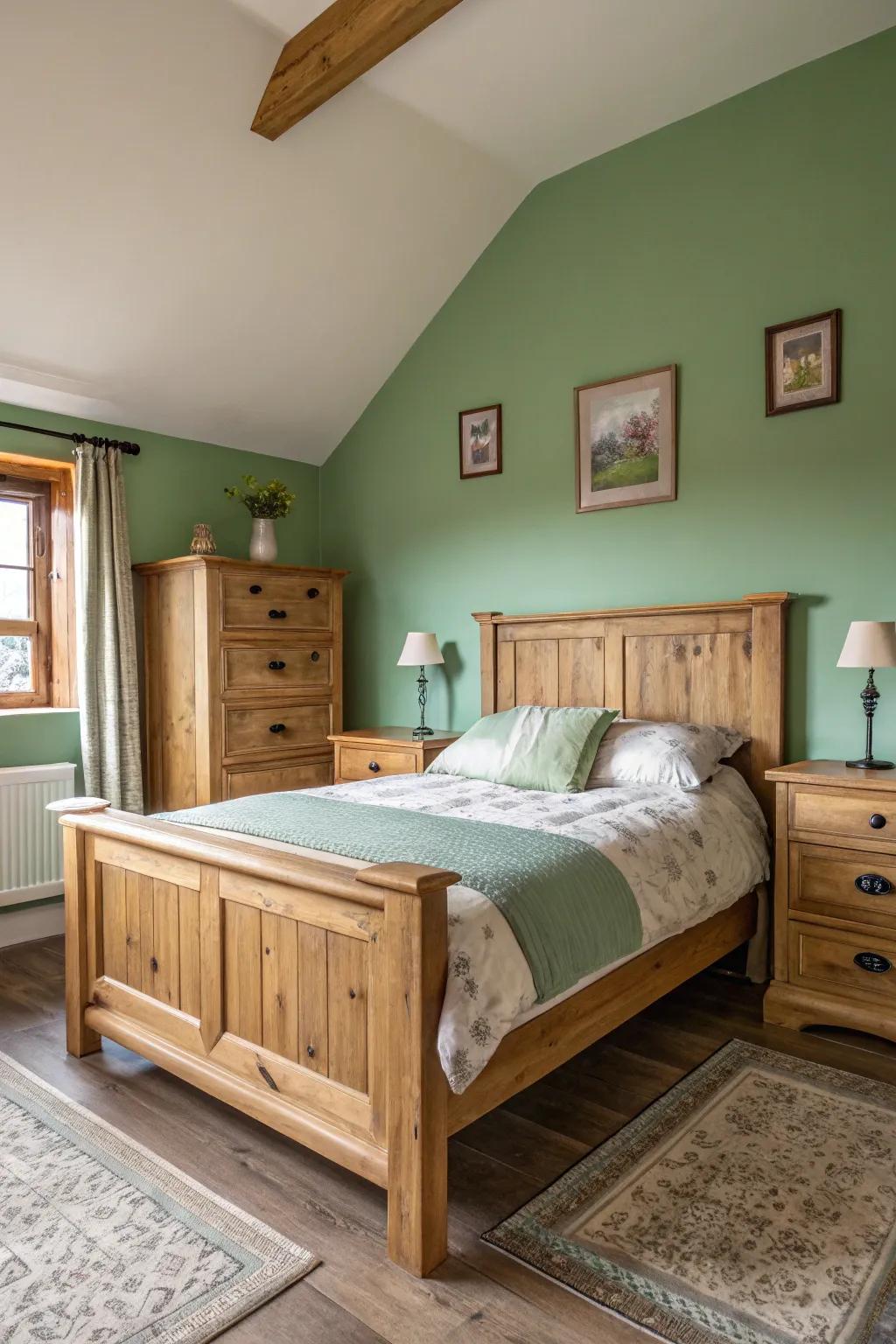 Soft green walls fashion a soothing bedroom retreat.