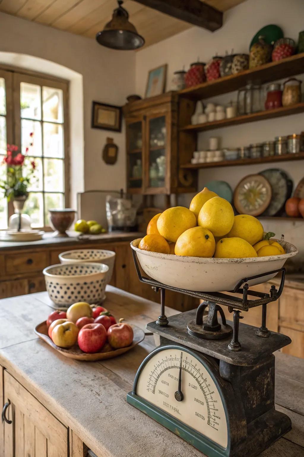 A periodic fruit presentation upon an antique farm-themed scale.
