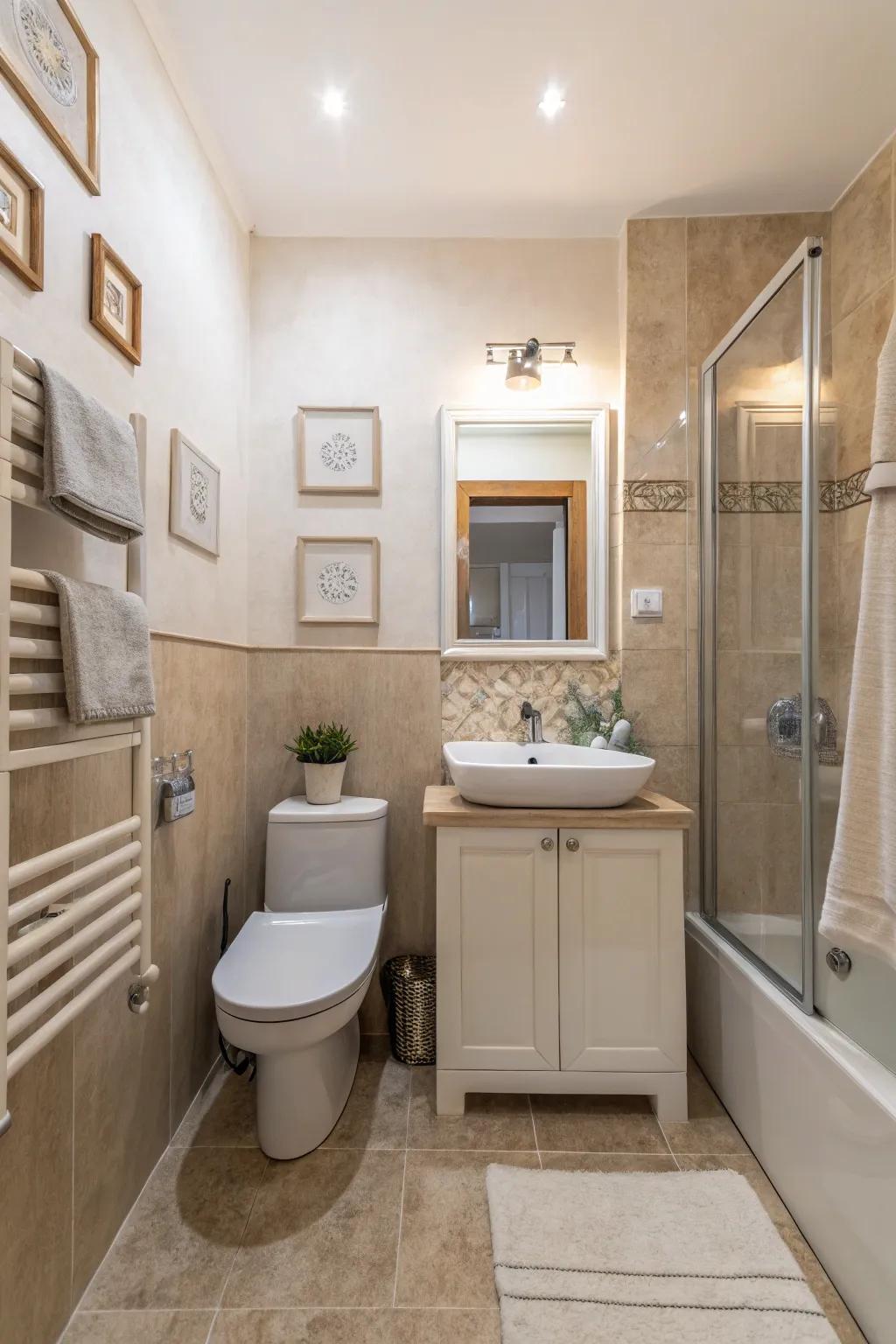 Subdued shades engender a tranquil and expansive ambiance in this petite farmhouse bathroom.