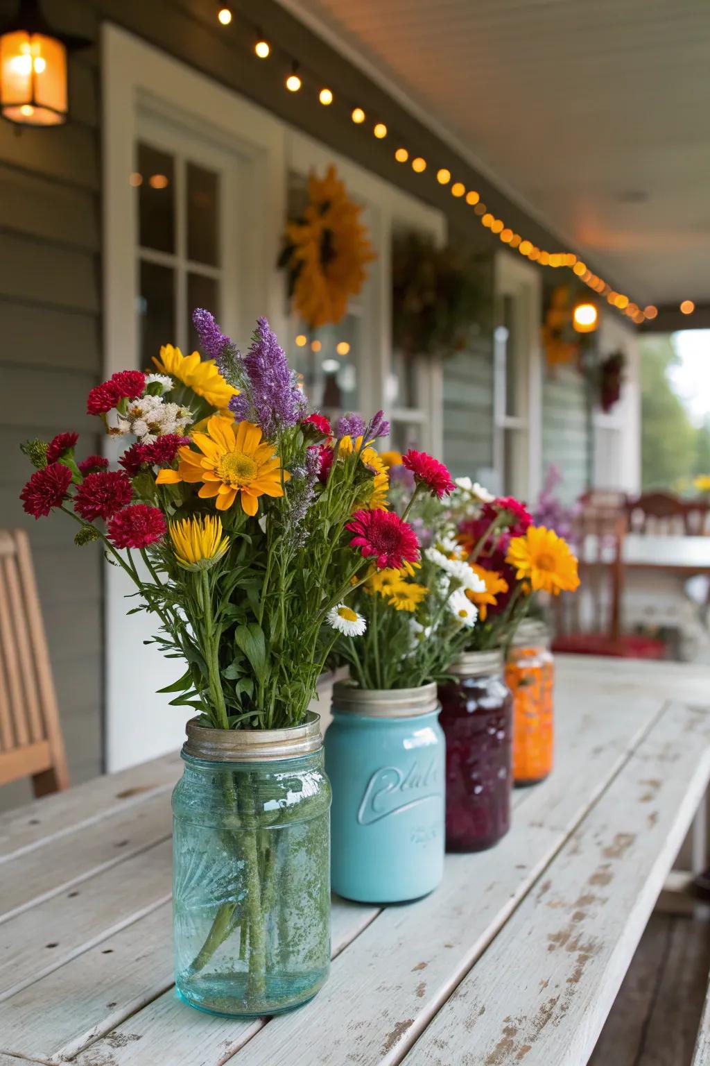 Mason jars showcasing wildflowers deliver an eye-catching and economical centerpiece option.