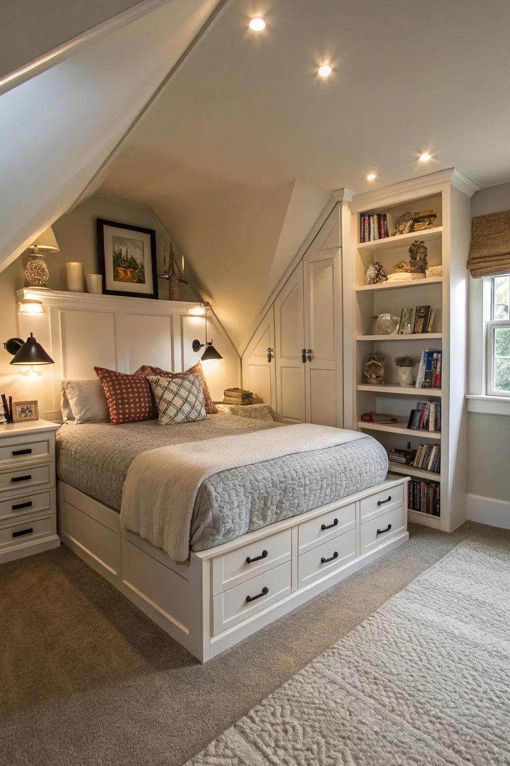 An enchanting and welcoming guest bedroom nestled cozily in the attic.