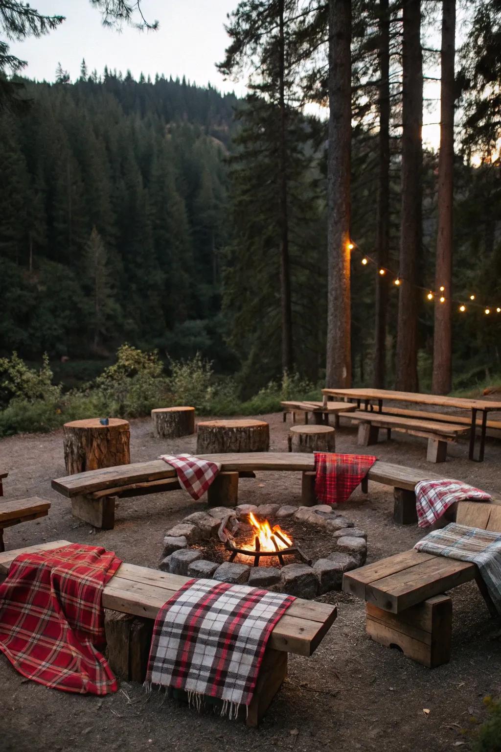 Rustic wooden benches impart a nostalgic essence to your fire pit space.