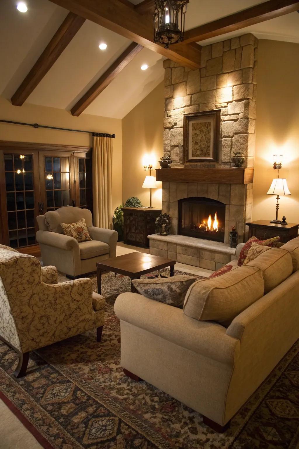 A comfortable living room arrangement with sofas and armchairs directed towards the fireplace, fostering relaxation.