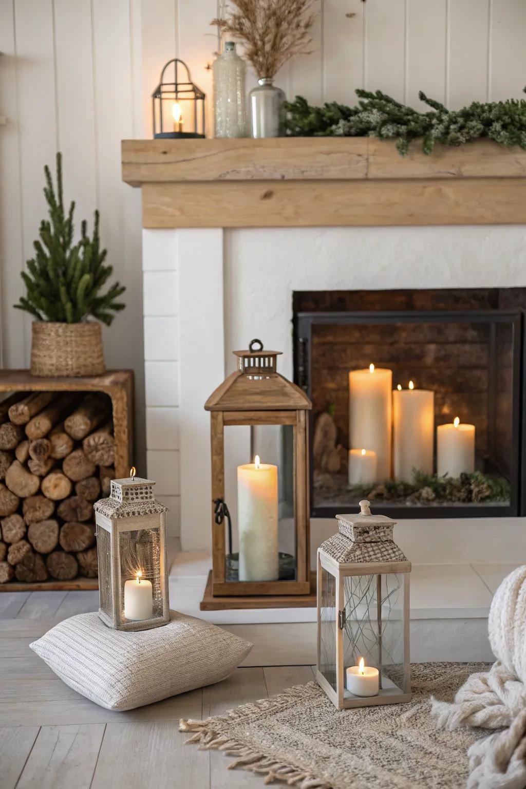 Impart pastoral allure to your fireplace by means of beacons sheltering glowing illuminations.