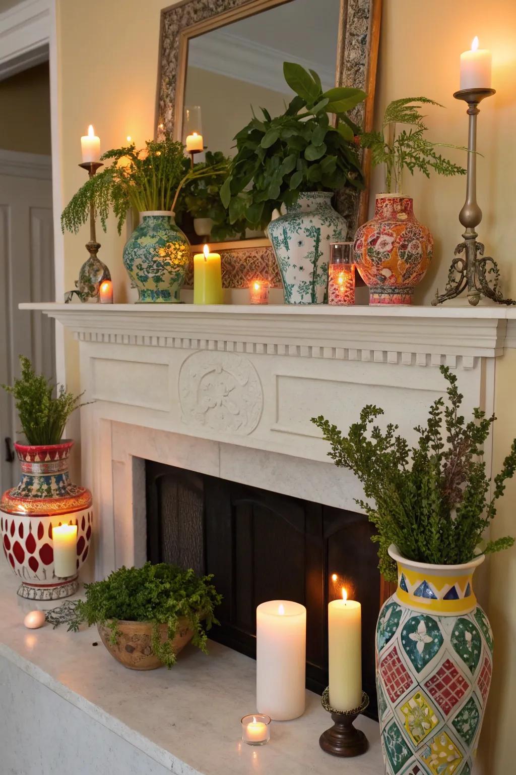 Vases, candles, and botanical elements imparting a stylish flair to the mantel.