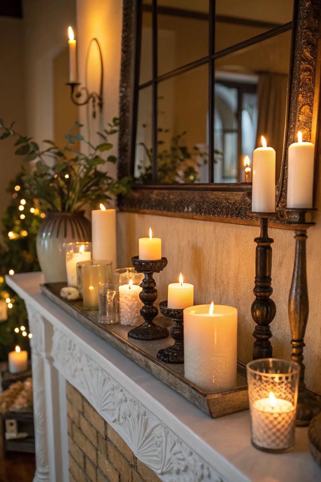 Candles of differing heights establish a welcoming and comforting environment.