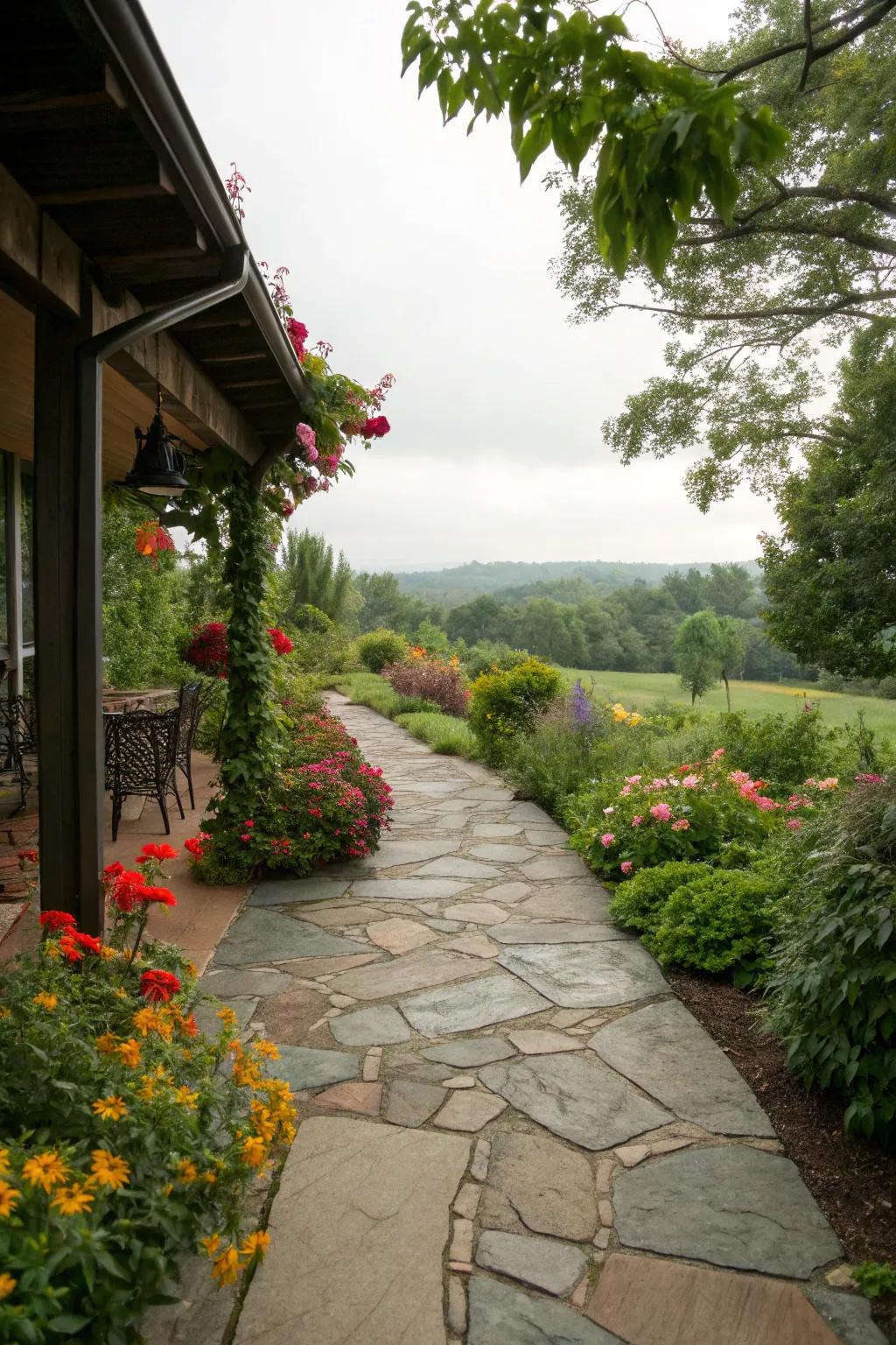 A natural flagstone pathway that enhances the allure of the garden.