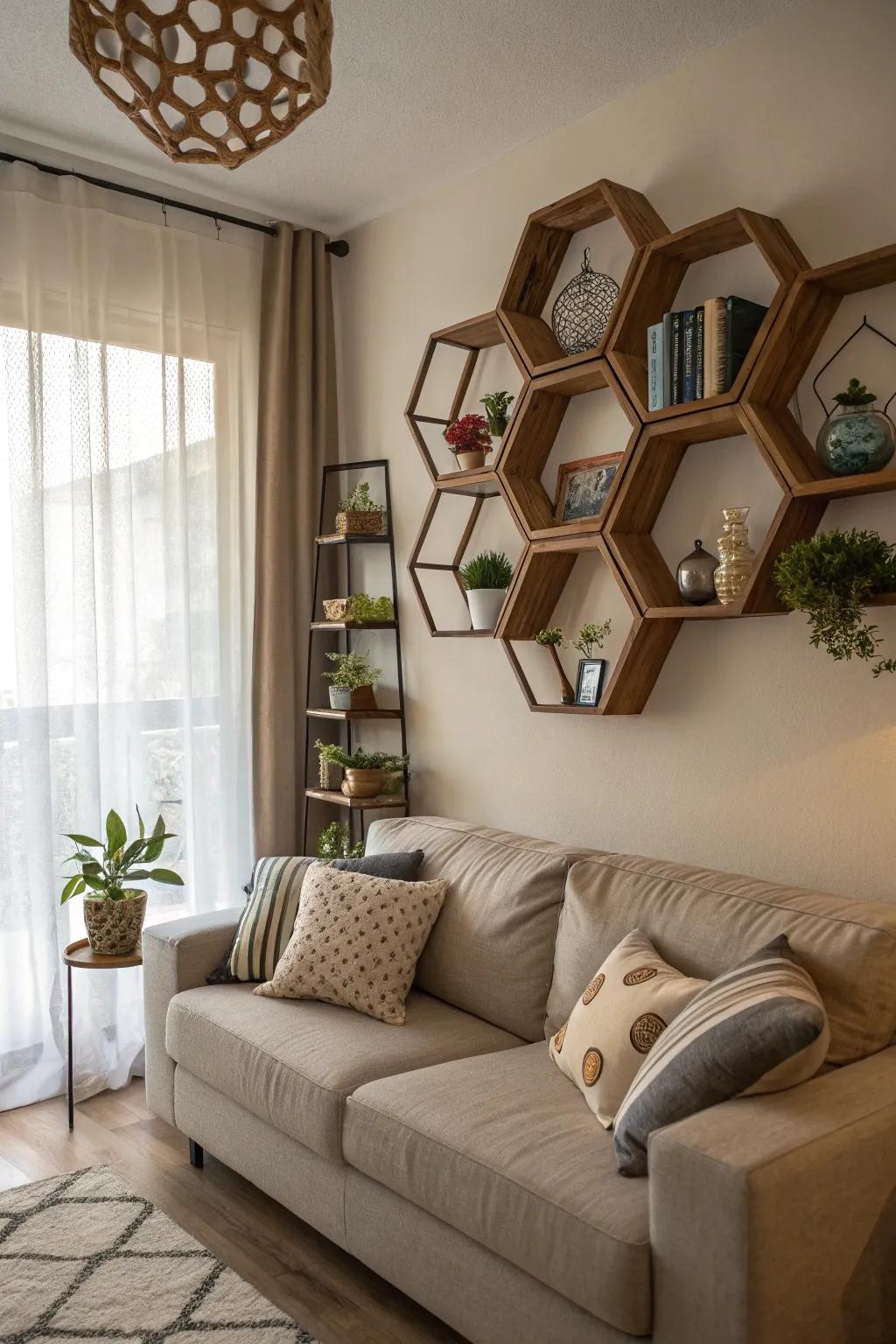 Geometric shelves introduce a contemporary touch to your living space.