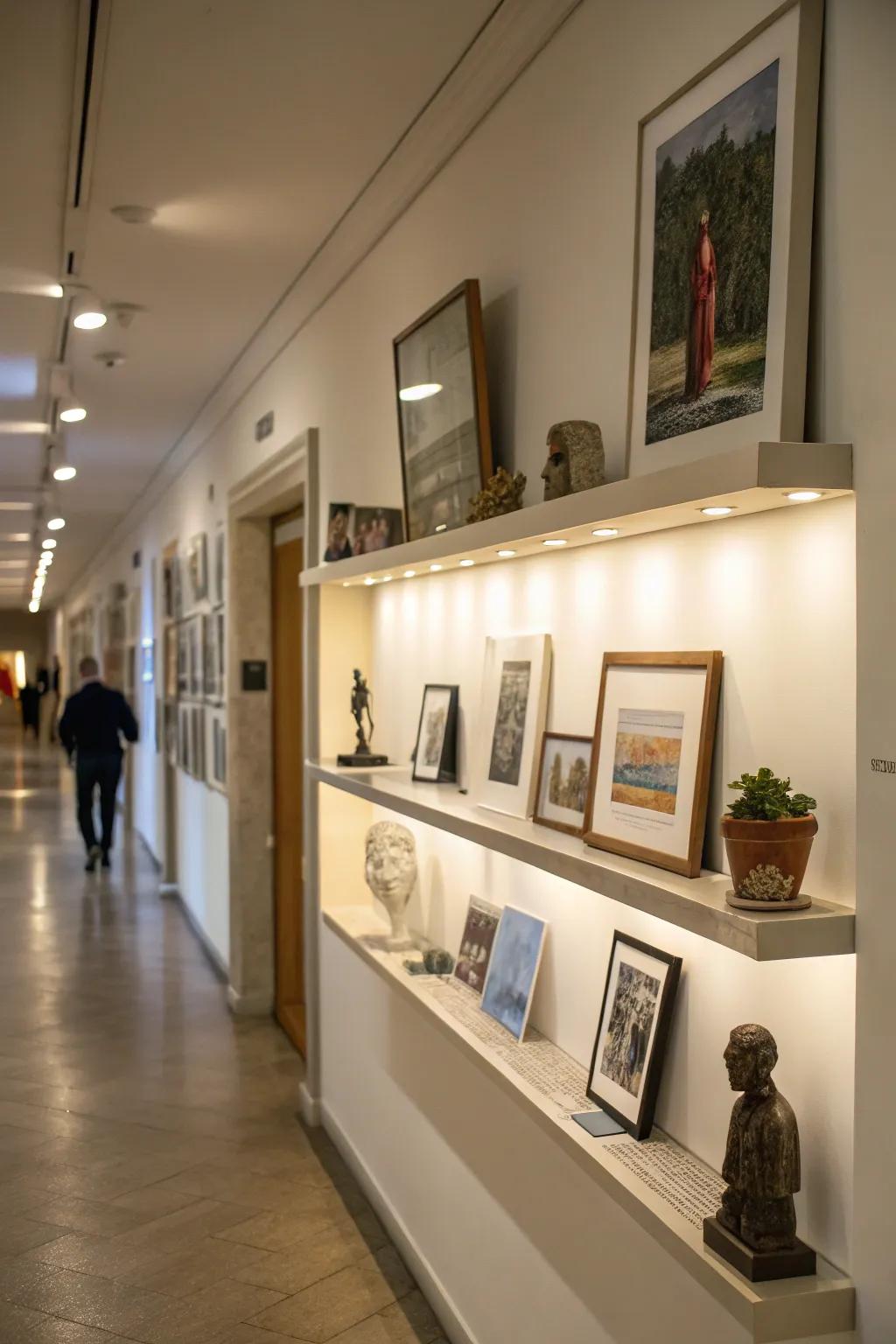 Convert your hallway into an art exhibit through floating shelves.