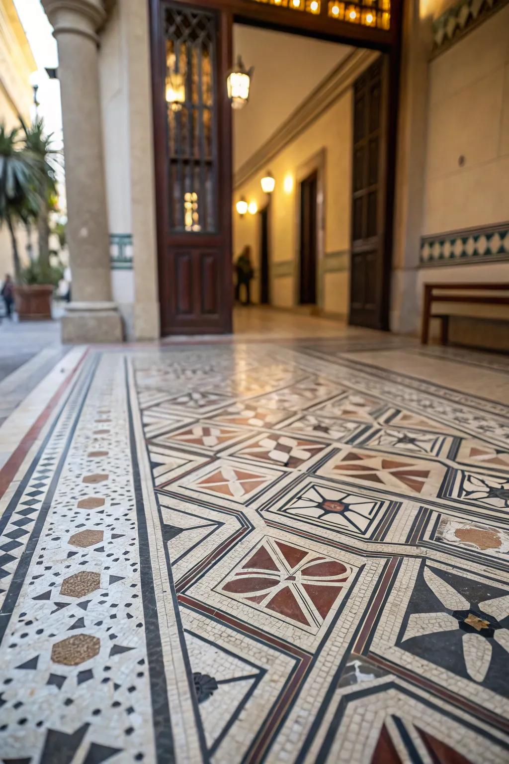 Geometric patterns add artistic flair to entryways.