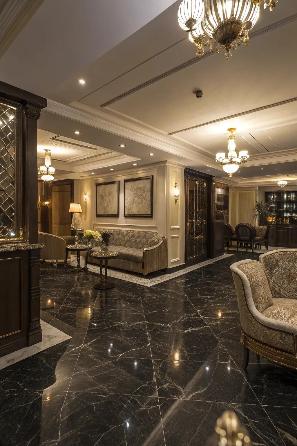 Dark marble flooring brings luxury and depth to any basement.