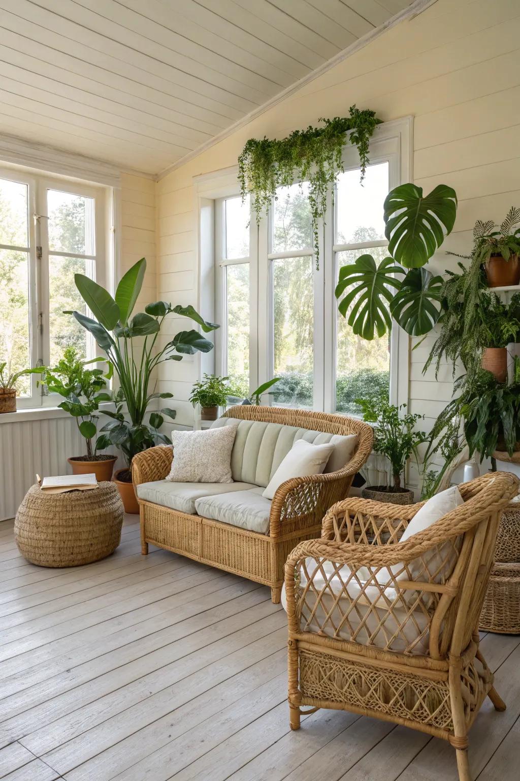 Natural materials such as wicker and rattan produce a comforting atmosphere.