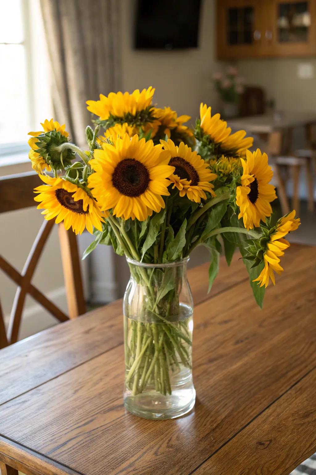 A striking bouquet of sunflowers making a bold statement on a dining table.