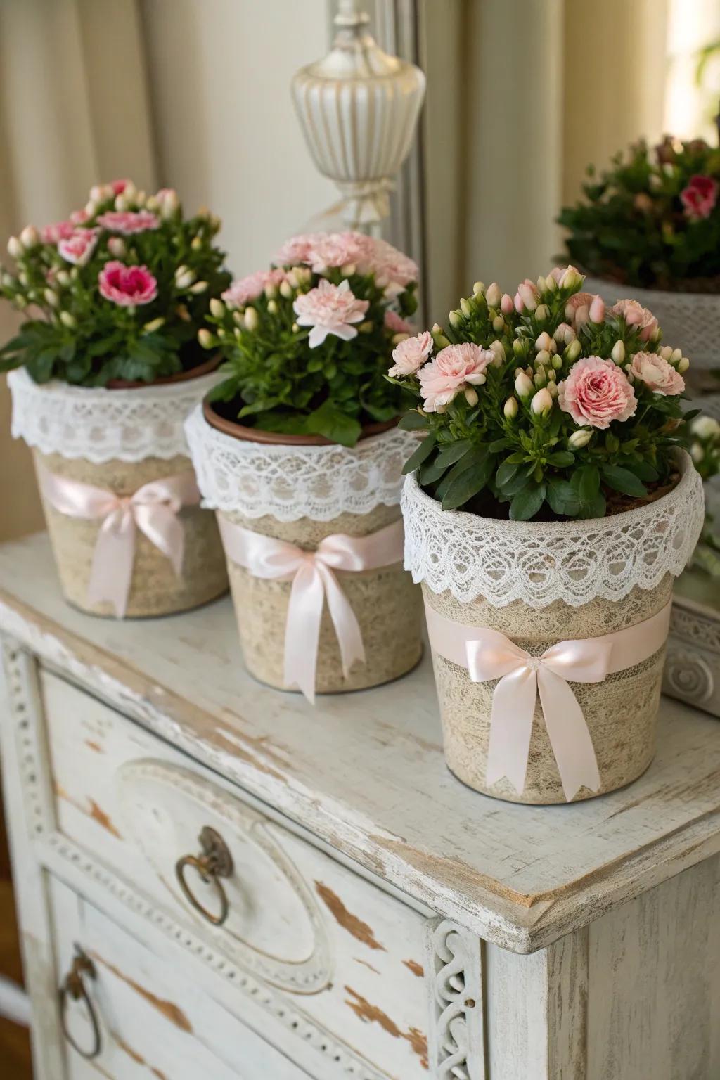 Infuse refinement into your floral containers through ornamental trimmings and textile band features.