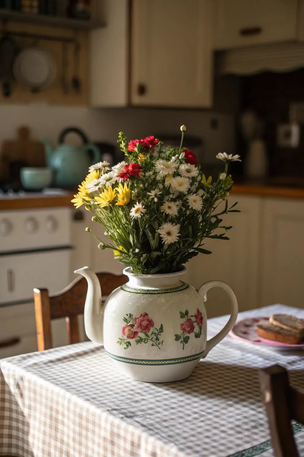 An antique teapot transformed into a flower container that contributes appeal and uniqueness.