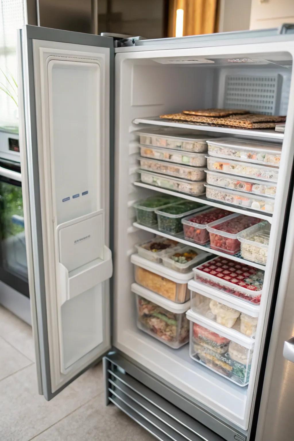 Stacking vertically is an effective way to maximize freezer space.