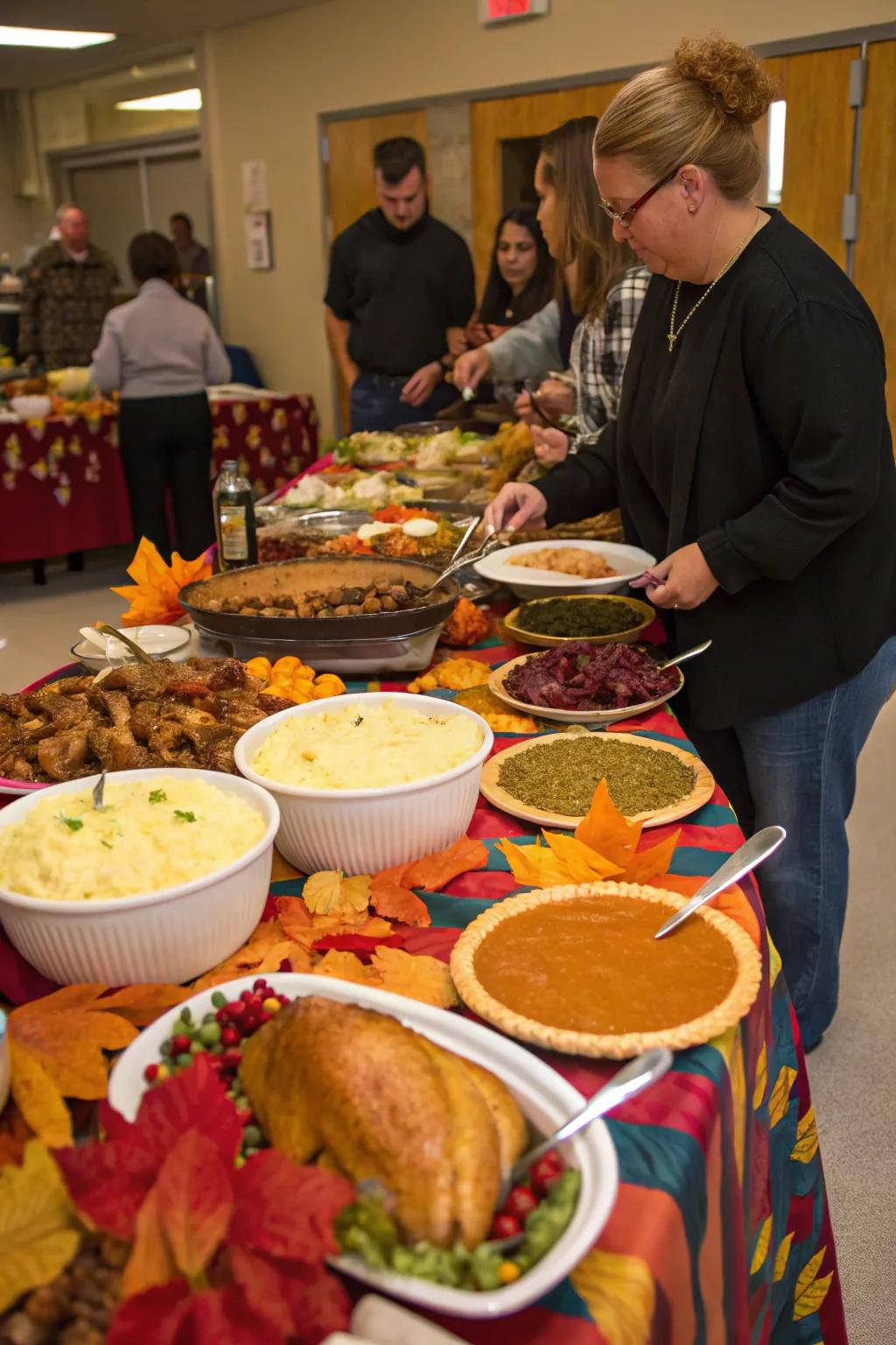 A buffet arrangement designed for a laid-back Friendsgiving atmosphere.