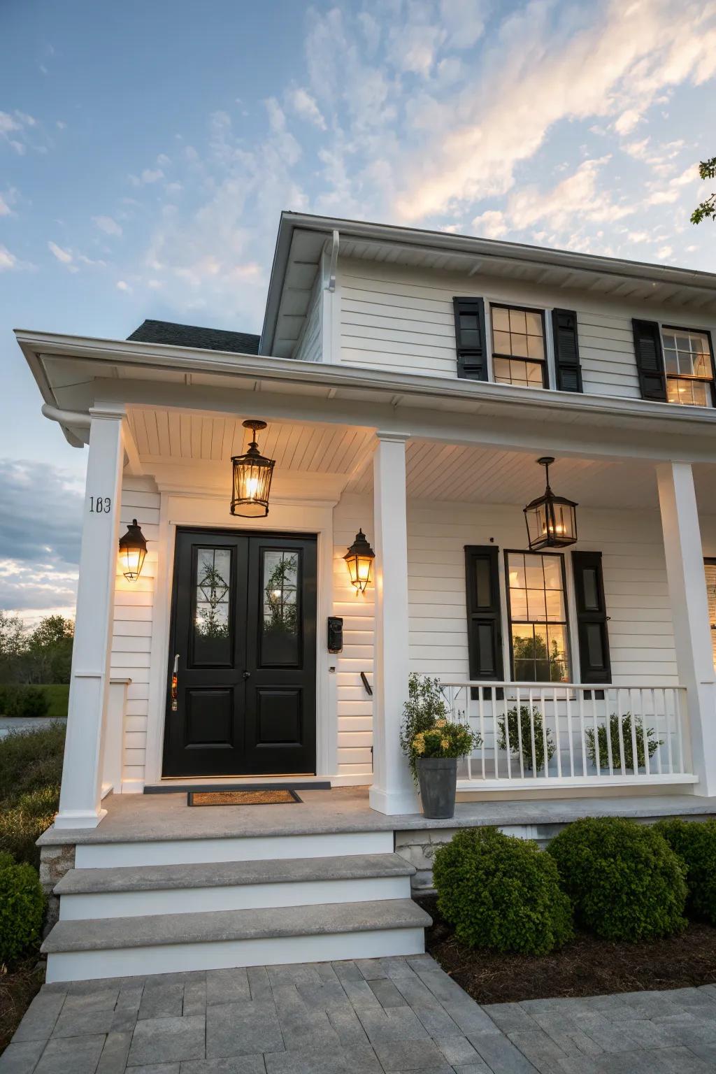 A traditional black entrance establishes a bold, sophisticated doorway.