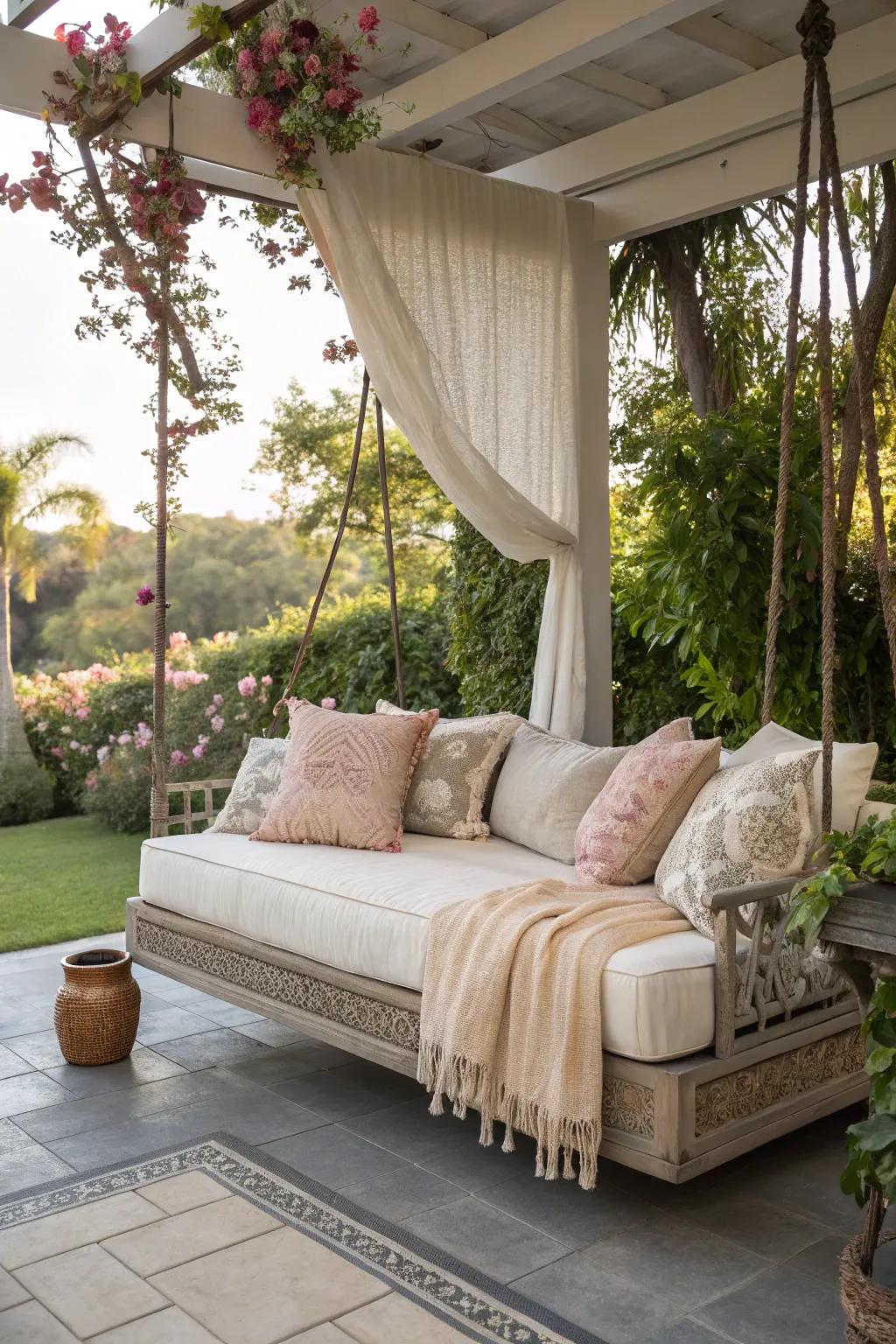 Swinging daybeds lend a dreamy touch to porch relaxation.