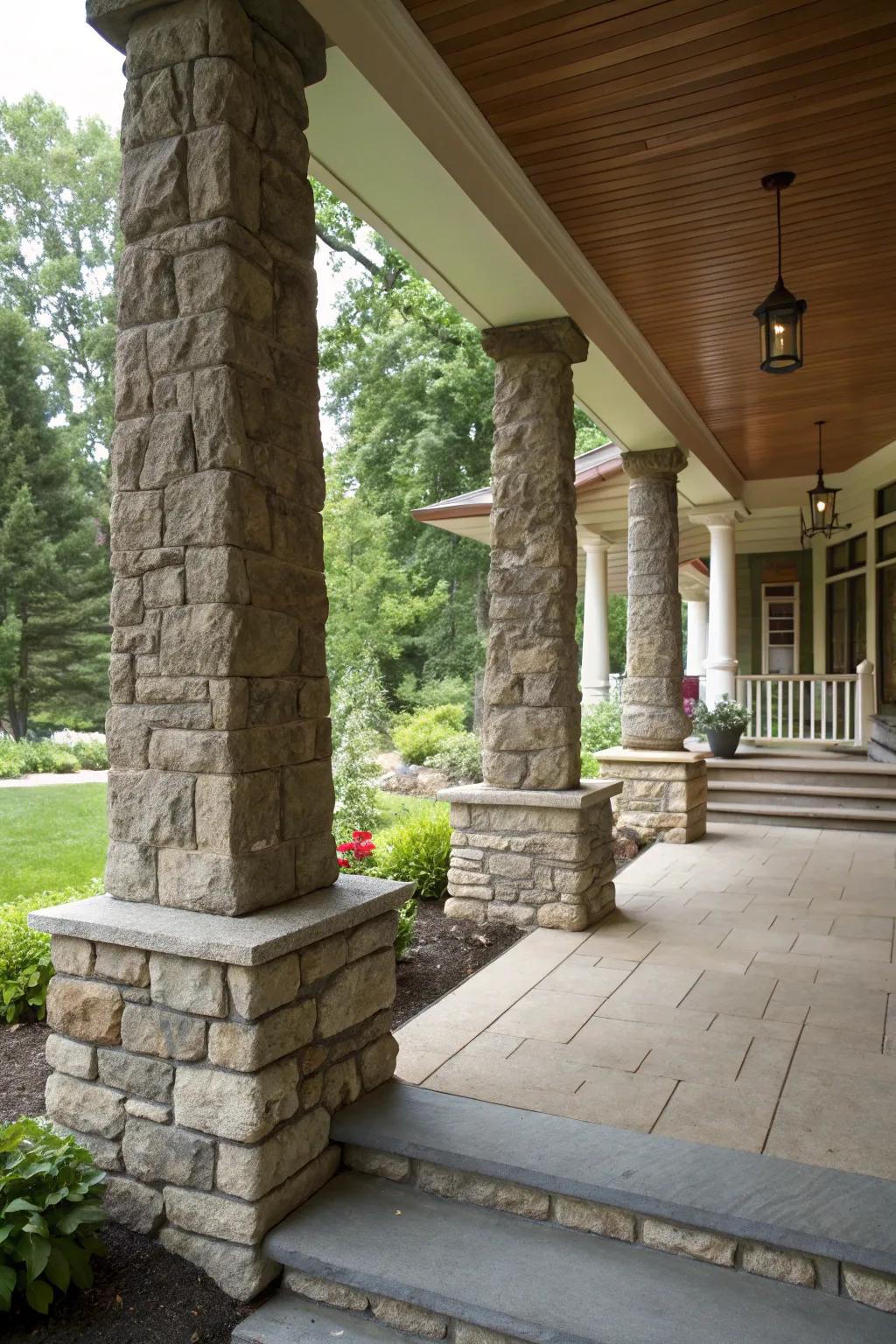 Rock bases on porch columns introduce texture and a hint of sophistication.