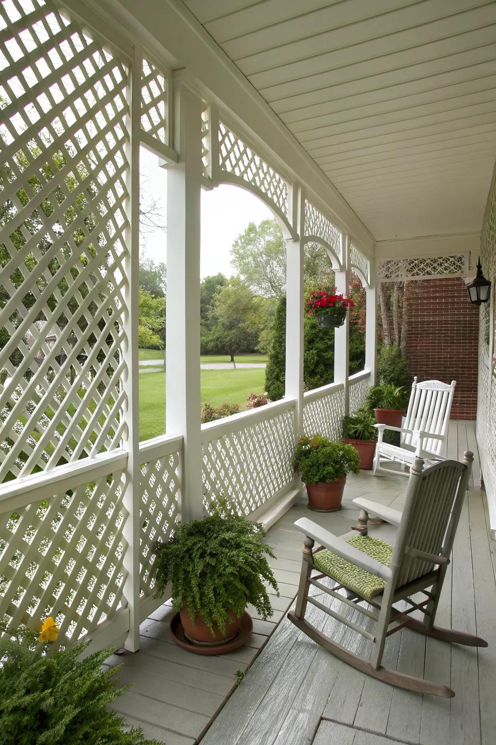 White lattice boards enhancing privacy and charm on a front porch.