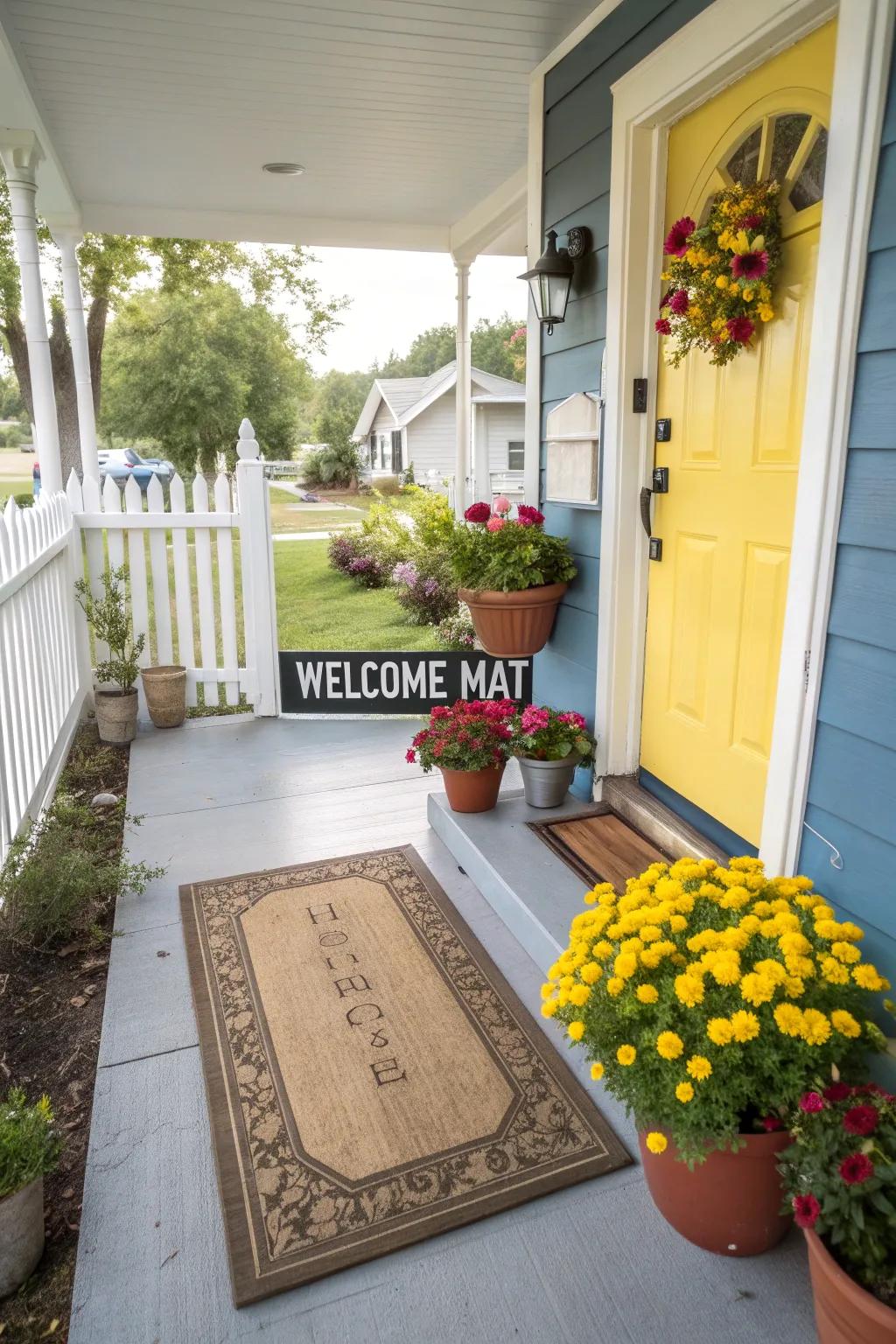 A cheerful welcome mat establishes a warm, inviting tone.