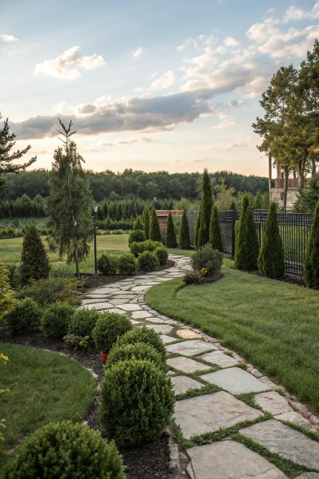 Stone walkways meander through lush evergreen landscaping.