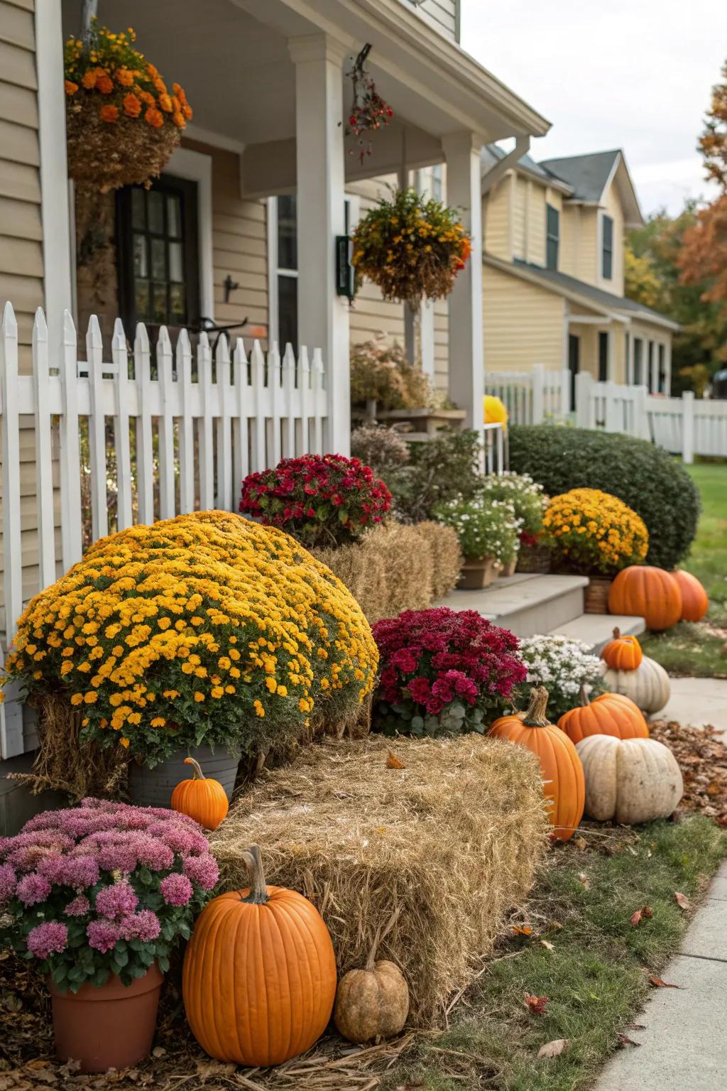 Heighten the charm of your flower beds with pumpkins and hay bales.