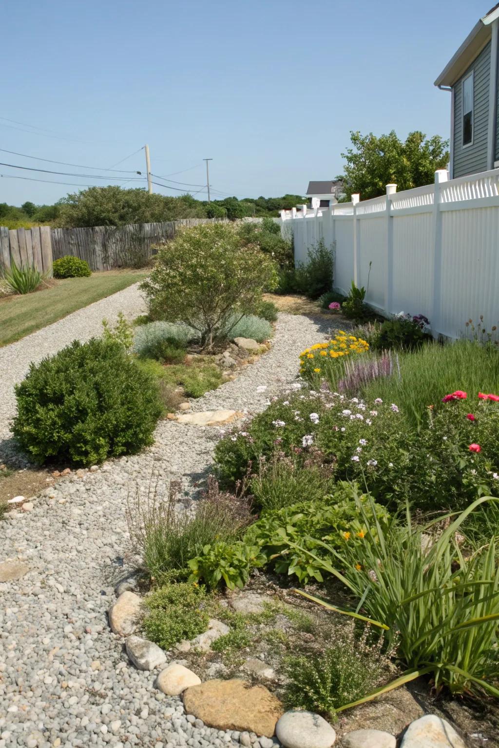 Thoughtfully positioned flora among gravel creates a seamless, harmonious mix.