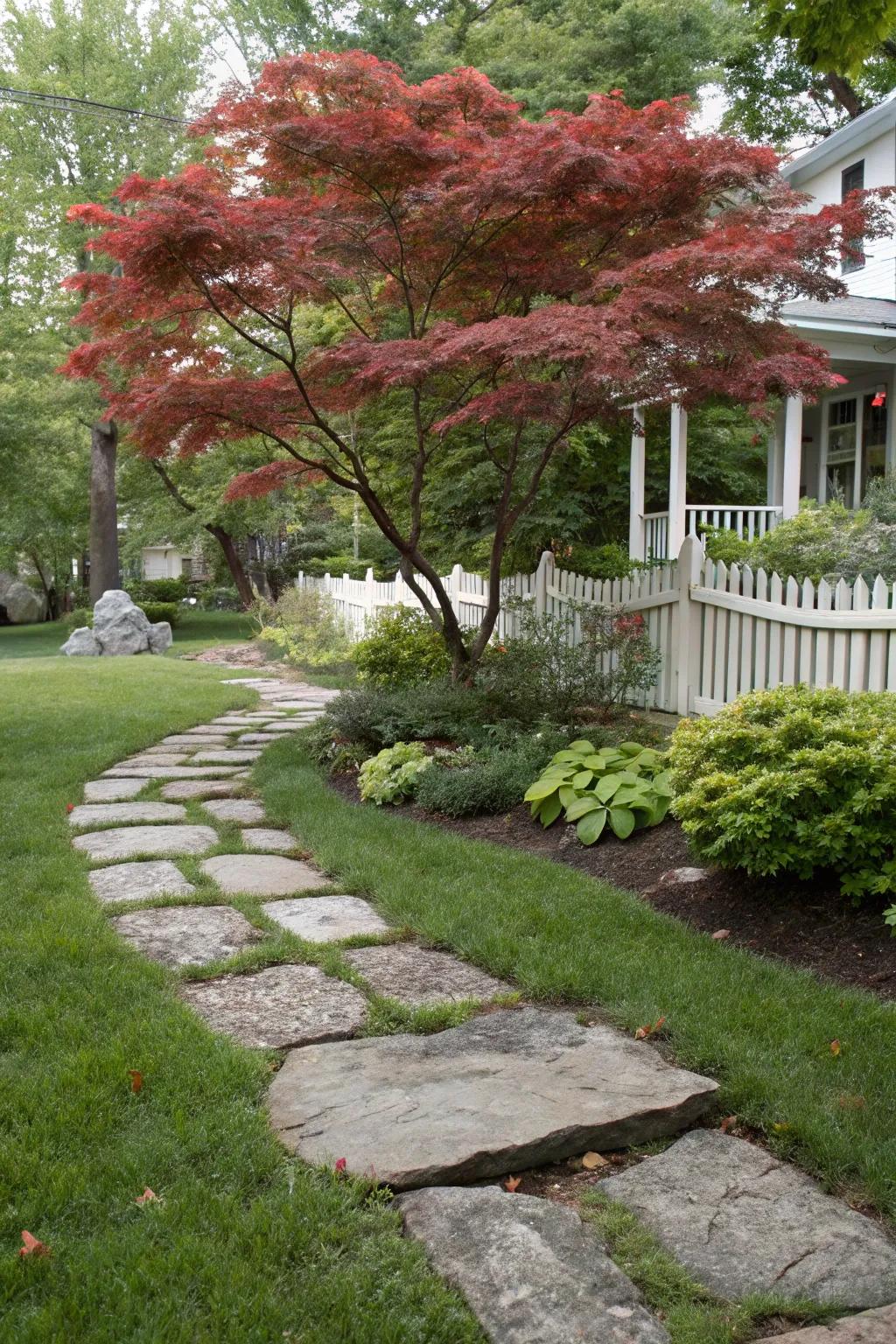 A stone pathway guides towards a majestic Japanese maple, amplifying the yard's appeal.