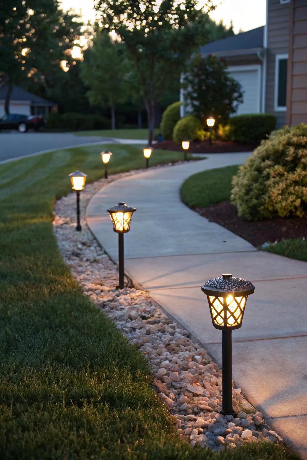 Solar-powered lights enhance the ambiance and security of a front garden.