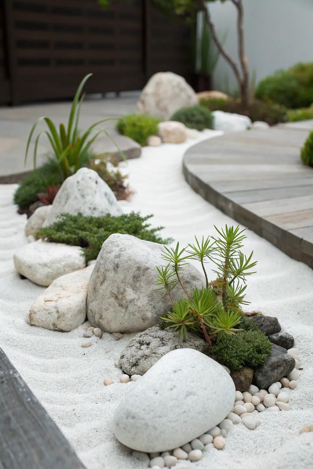 A minimalist strategy with pure rocks provides a serene garden escape.