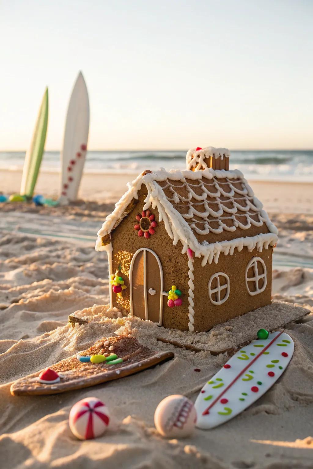 A beach-inspired gingerbread house