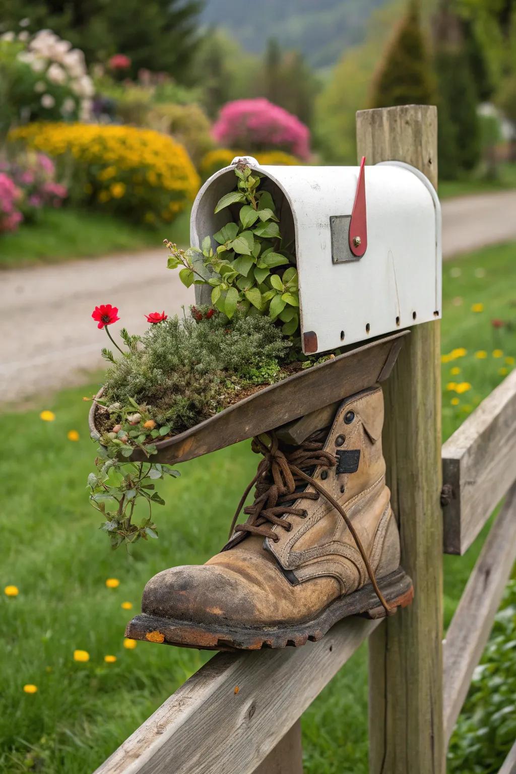 A rustic footwear mailbox that seamlessly merges ingenuity with verdant foliage.